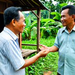 A respected, middle-aged Malaysian community leader, a man in a modest collared shirt and trousers, stands in a natural pose. He is engaged in a friendly discussion with a few adult villagers, all fully clothed in appropriate, modest attire. One villager holds a simple digital thermometer. The scene is set in a vibrant Malaysian kampung, with traditional wooden houses and lush green foliage under natural daylight. The atmosphere is collaborative and professional. Safe for work, appropriate content, fully clothed, professional, perfect anatomy, correct proportions, natural pose, well-formed hands, proper finger count, natural body proportions, high quality, professional photography.