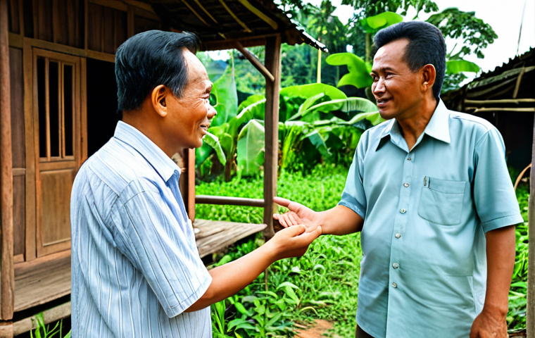 A respected, middle-aged Malaysian community leader, a man in a modest collared shirt and trousers, stands in a natural pose. He is engaged in a friendly discussion with a few adult villagers, all fully clothed in appropriate, modest attire. One villager holds a simple digital thermometer. The scene is set in a vibrant Malaysian kampung, with traditional wooden houses and lush green foliage under natural daylight. The atmosphere is collaborative and professional. Safe for work, appropriate content, fully clothed, professional, perfect anatomy, correct proportions, natural pose, well-formed hands, proper finger count, natural body proportions, high quality, professional photography.