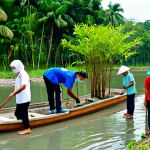 A diverse group of Malaysian community members, including adults and youth, are participating in a "gotong-royong" communal activity in a local park. They are fully clothed in modest, practical outdoor attire. Some are planting small trees or mangroves along a riverbank, while others are carefully cleaning a drainage system. The background features lush greenery and bright, natural daylight. The scene emphasizes collaboration, positive community spirit, and collective action against climate change, safe for work, appropriate content, family-friendly, perfect anatomy, correct proportions, natural pose, well-formed hands, proper finger count, natural body proportions, professional photography, high quality.