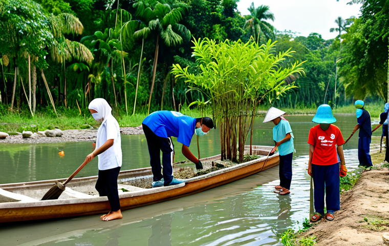 A diverse group of Malaysian community members, including adults and youth, are participating in a "gotong-royong" communal activity in a local park. They are fully clothed in modest, practical outdoor attire. Some are planting small trees or mangroves along a riverbank, while others are carefully cleaning a drainage system. The background features lush greenery and bright, natural daylight. The scene emphasizes collaboration, positive community spirit, and collective action against climate change, safe for work, appropriate content, family-friendly, perfect anatomy, correct proportions, natural pose, well-formed hands, proper finger count, natural body proportions, professional photography, high quality.